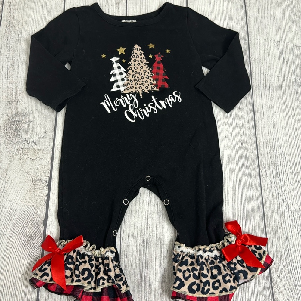 Baby Girls “Merry Christmas” Leopard and Buffalo Check Print Jumpsuit